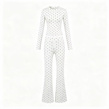 Women Two-Piece Stretch Jersey Lounge Set with Cropped Long Sleeve and High-Waist Flared Pants EVA-US