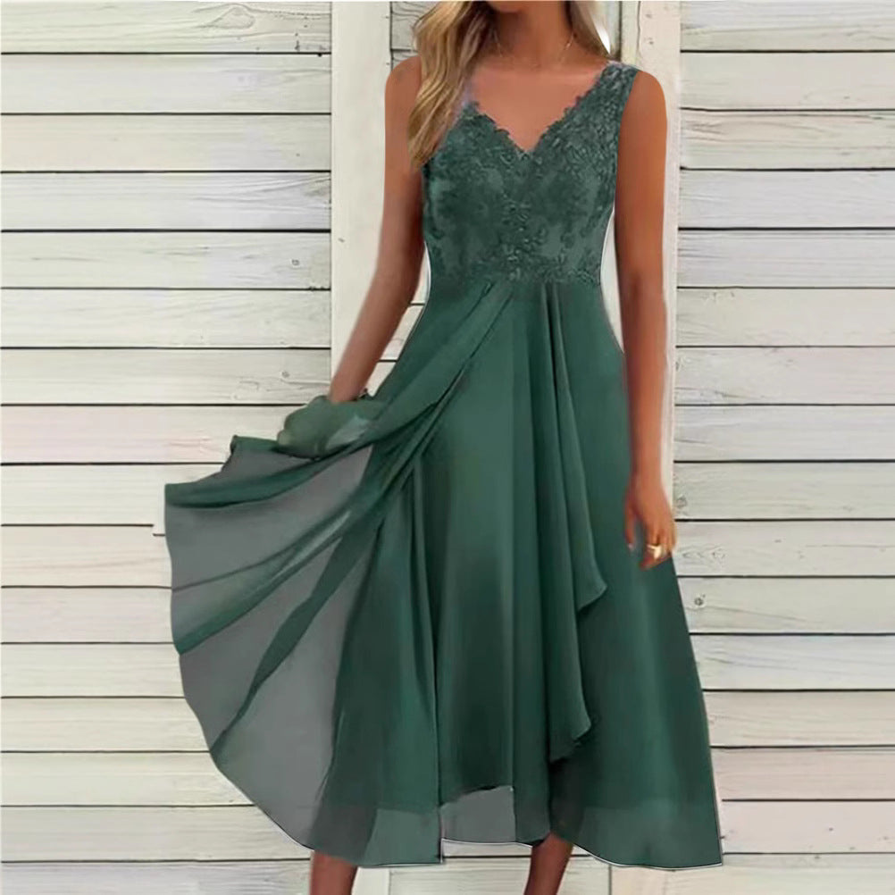 Women's elegant evening midi dress with embroidered lace bodice, tailored draping, and flowing layered skirt
