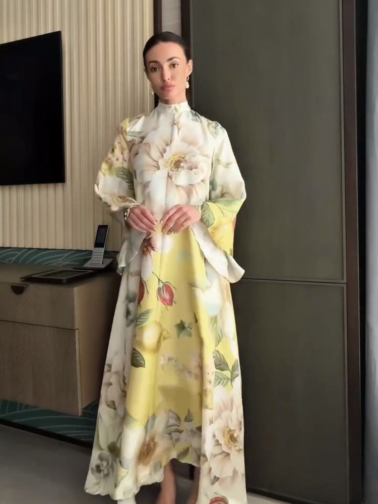 Women Floral Maxi Dress with High Stand Collar and Wide Bell Sleeves EVA-US