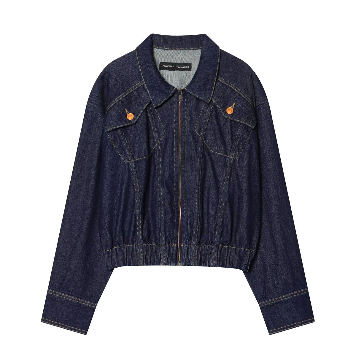 Women's Cropped Denim Jacket with Zipper, Tailored Drawstring and Flap Pockets EVA-US
