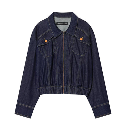 Women's Cropped Denim Jacket with Zipper, Tailored Drawstring and Flap Pockets EVA-US