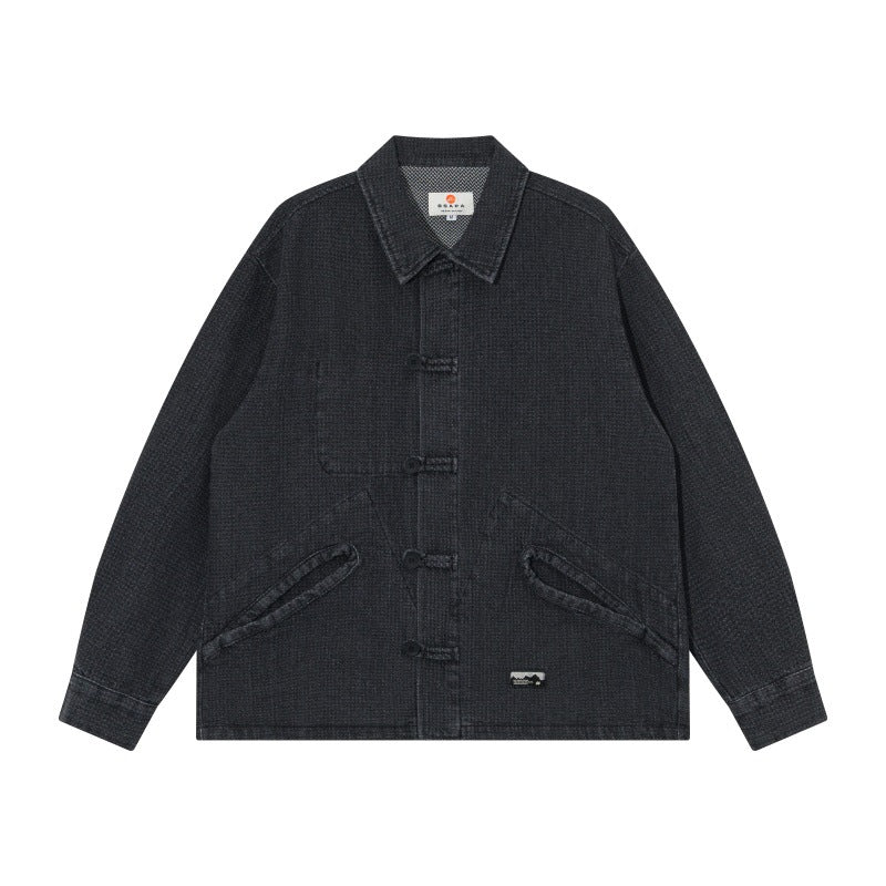 Men's short-cut denim chore jacket in boxy blouson style with Chinese toggle button placket EVA-US