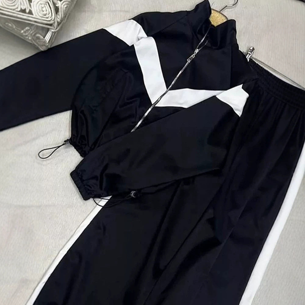 Women's Retro Tracksuit with Zipper Jacket and Elastic Waist Pants EVA-US