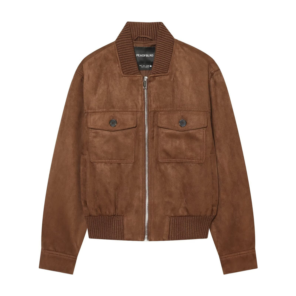 Women's Velour Leather Look Bomber Jacket with Ribbed Hem, Breast Pockets, and Full Zipper EVA-US