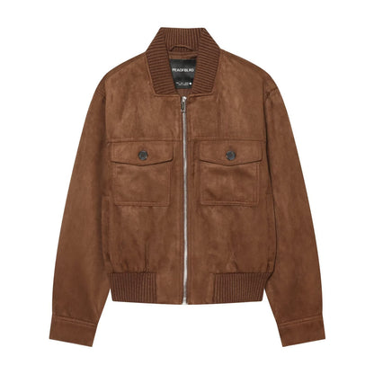 Women's Velour Leather Look Bomber Jacket with Ribbed Hem, Breast Pockets, and Full Zipper EVA-US
