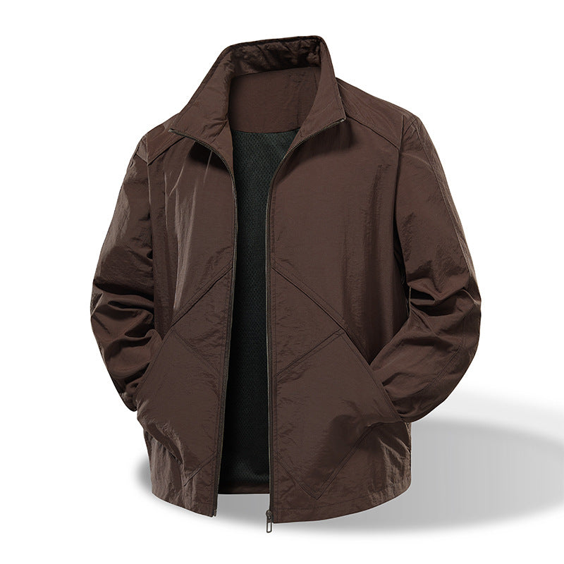 Men's Lightweight Windbreaker Outdoor Jacket with Stand Collar, Two-way Zipper and Concealed Pockets EVA-US