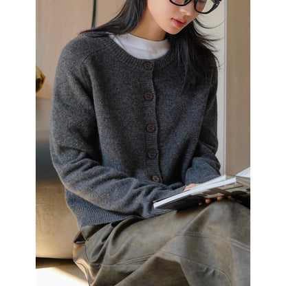 Women's Short Button Placket Cardigan made of fluffy Wool Blend with Round Neckline EVA-US