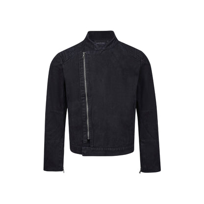 Men's short-cut asymmetric canvas biker jacket with funnel collar and zipper detail EVA-US