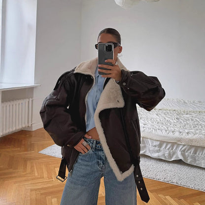 Women's Oversized Pilot Jacket made of Faux Leather with Asymmetrical Faux Fur Trim EVA-US