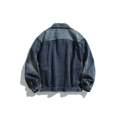 Unisex Oversized Denim Jacket in Vintage Look with Artificial Worn Areas and Chest Pockets EVA-US
