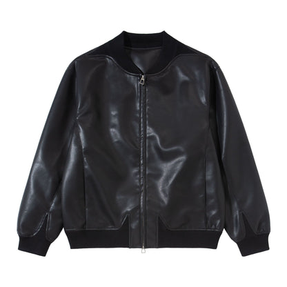 Men's smooth leather bomber jacket with concealed front and elastic ribbed cuffs