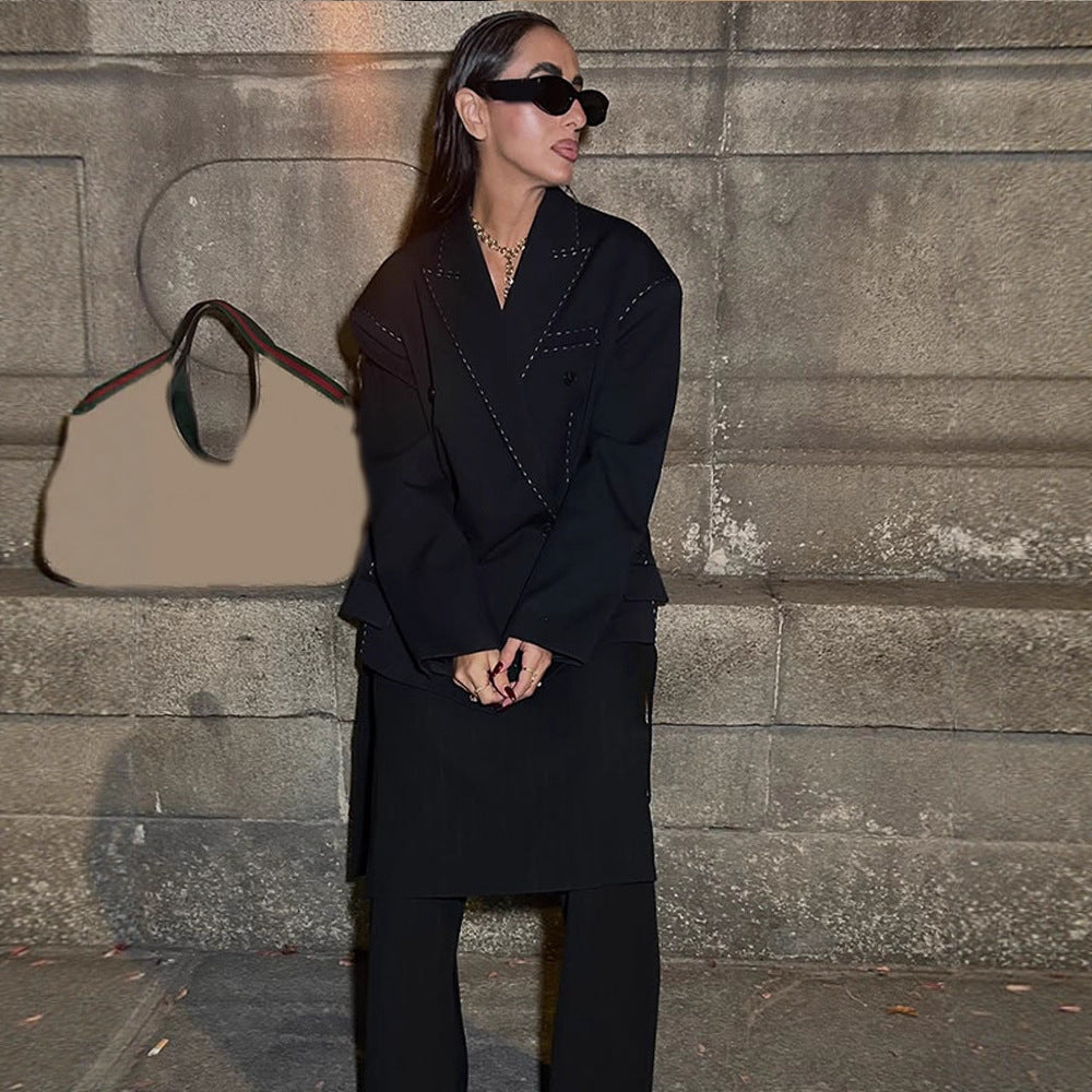 Women Oversized Two-Piece Boxy Blazer and Wide Pleated Trousers with Decorative Stitching EVA-US