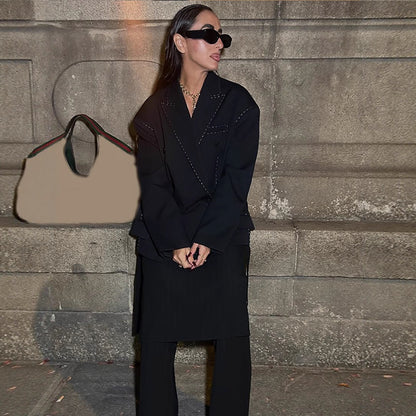 Women Oversized Two-Piece Boxy Blazer and Wide Pleated Trousers with Decorative Stitching EVA-US