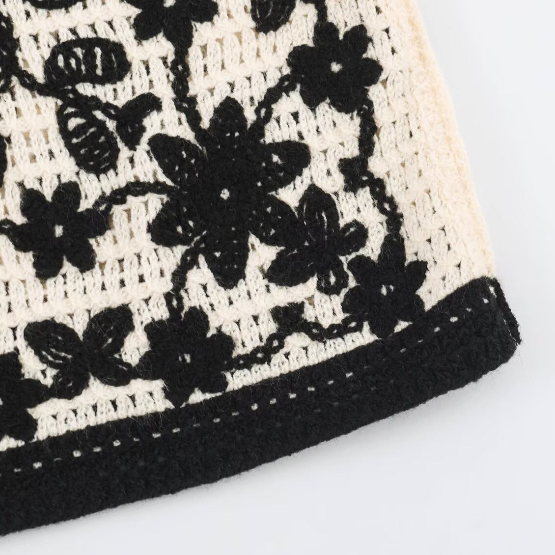 Women's Crocheted Boucle Cardigan with Three-Dimensional Flower Embroidery and Gold Accents EVA-US