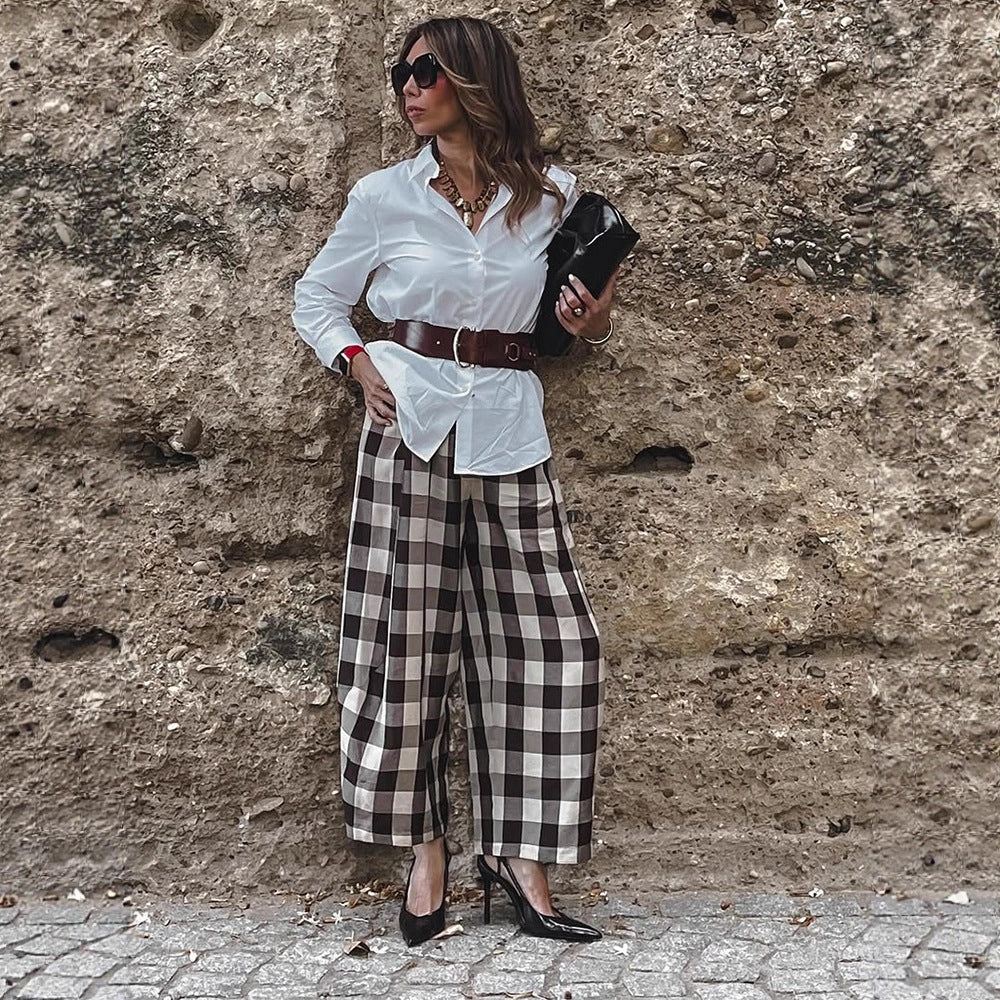 Women's Check High-Waisted Palazzo Pants with Wide Leg & Pleats EVA-US