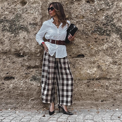 Women's Check High-Waisted Palazzo Pants with Wide Leg & Pleats EVA-US