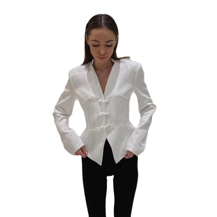 Women's peplum blazer with mandarin-like neckline and decorative knot fastenings EVA-US