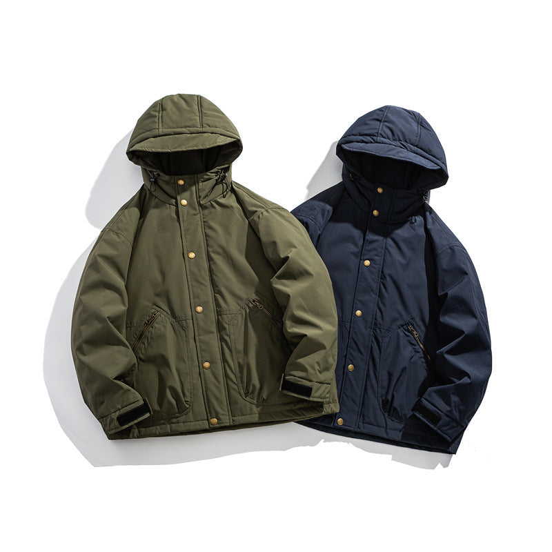Men's short-cut weatherproof hybrid parka with hood, snap button placket and slanted zipper pockets EVA-US
