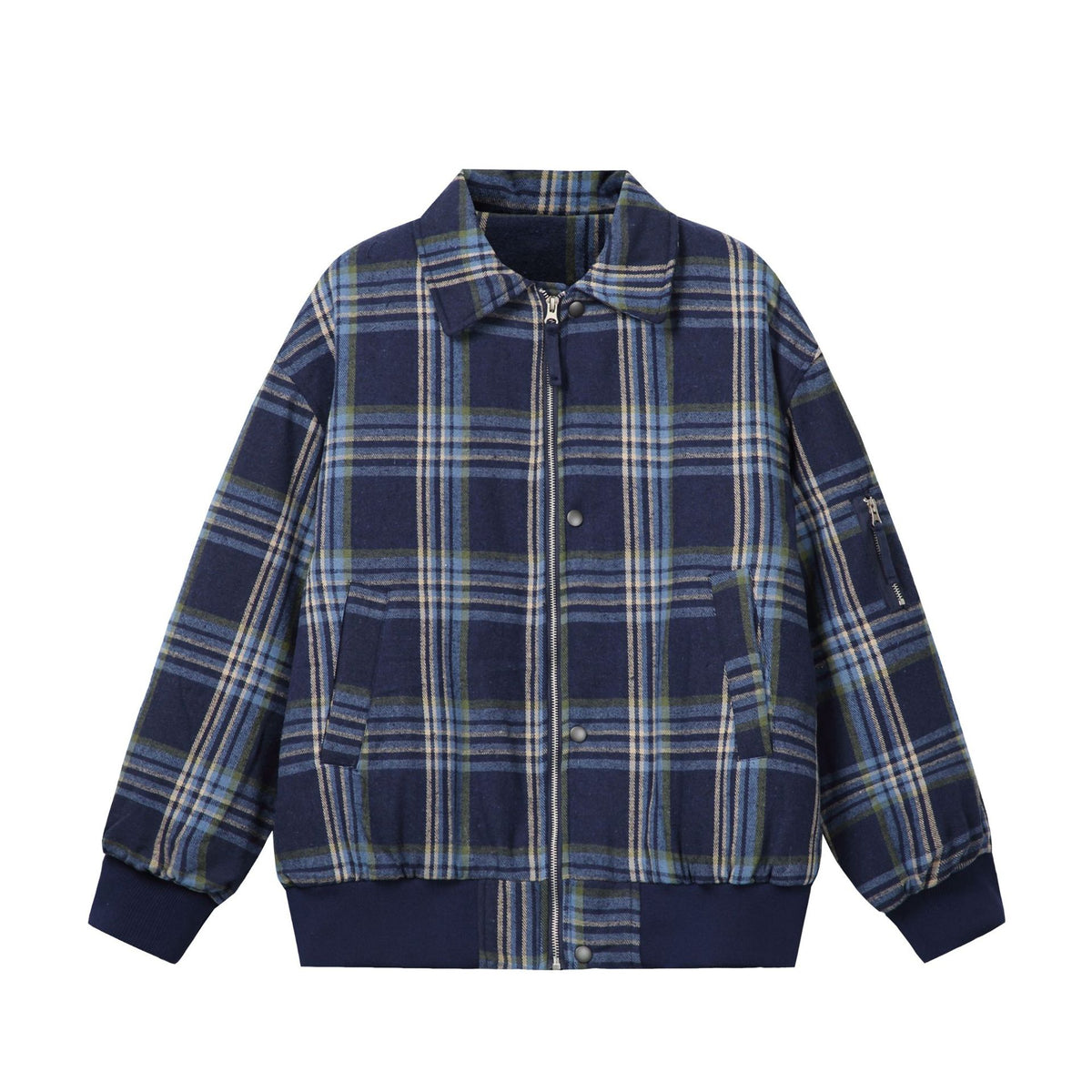 Unisex Checked Boxy Blouson in Oversized Cut with Rib Cuffs and Zipper EVA-US