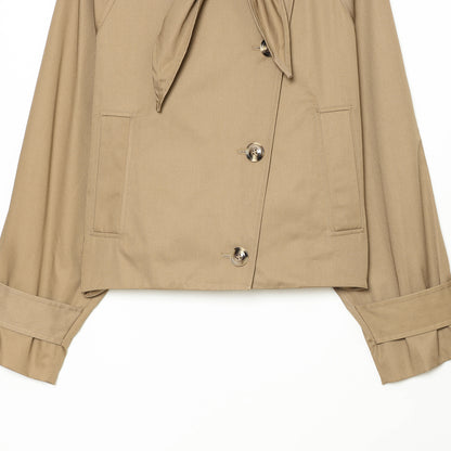 Women's Cropped Trench Cape Jacket with Bow Collar and Boxy Silhouette EVA-US