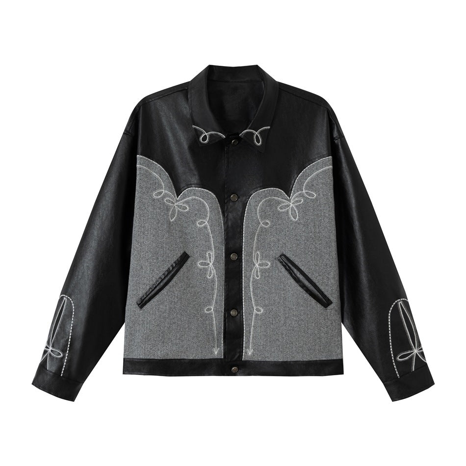 Unisex Boxy Blouson made of faux leather and wool blend with Western embroidery EVA-US