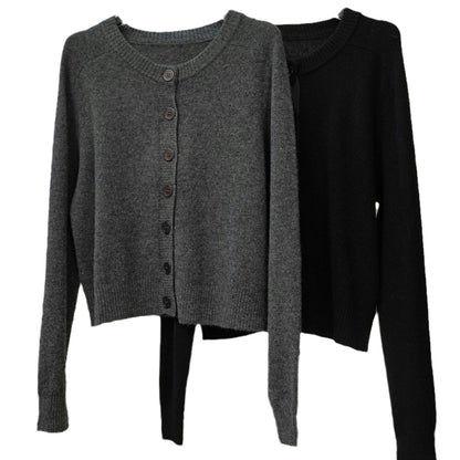 Women's Short Button Placket Cardigan made of fluffy Wool Blend with Round Neckline EVA-US