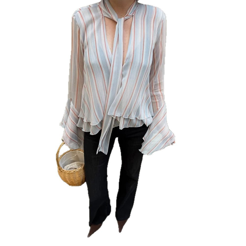 Women's Striped Chiffon Blouse with Tie Bow, Ruffle Hem & Bell Sleeves EVA-US