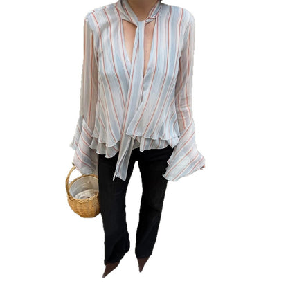 Women's Striped Chiffon Blouse with Tie Bow, Ruffle Hem & Bell Sleeves EVA-US