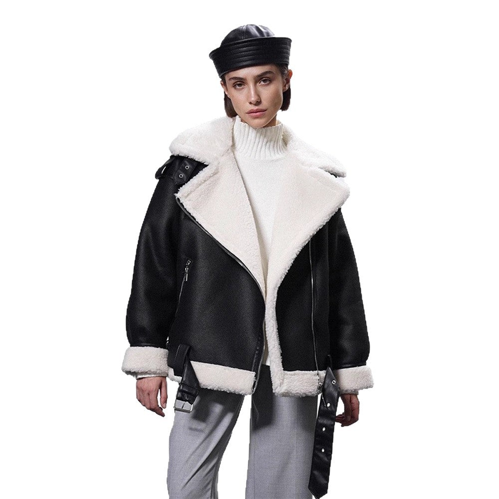 Women's Oversized Biker Jacket with Teddy Fur Lining and Adjustable Belts EVA-US