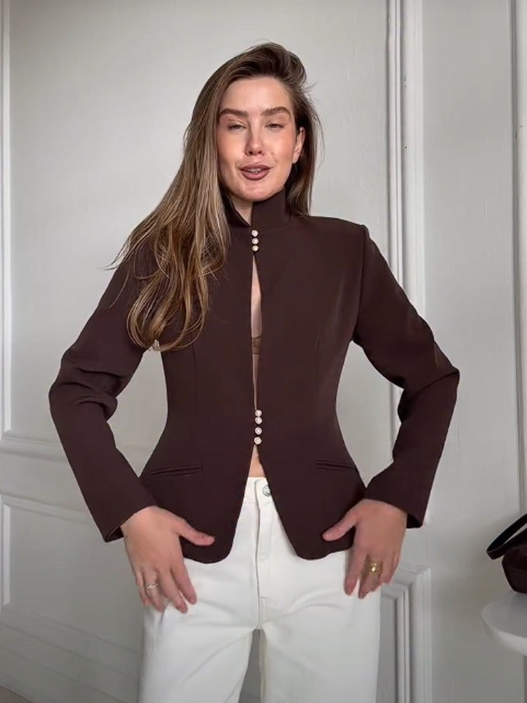 Women's Tailored Blazer with Stand Collar and Pearl Button Placket EVA-US