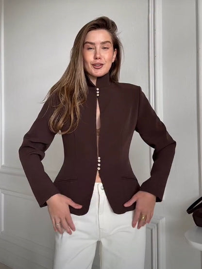 Women's Tailored Blazer with Stand Collar and Pearl Button Placket EVA-US