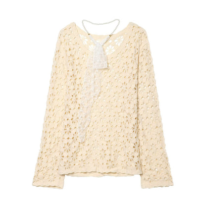 Women's crochet pullover with floral lace look, scallop hem, and delicate ribbon EVA-US