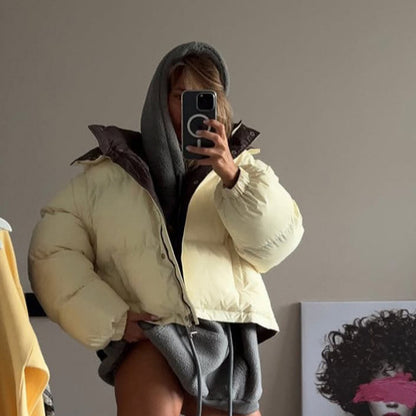 Women's Short Oversized Padded Jacket with High Collar and Quilted Lining EVA-US