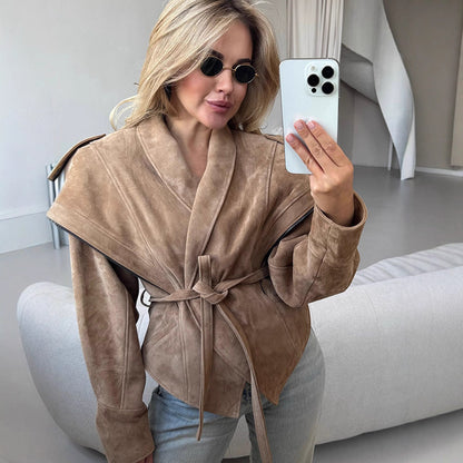 Ladies Velvet Leather Wrap Jacket with Wide Shawl Collar and Waist Belt EVA-US