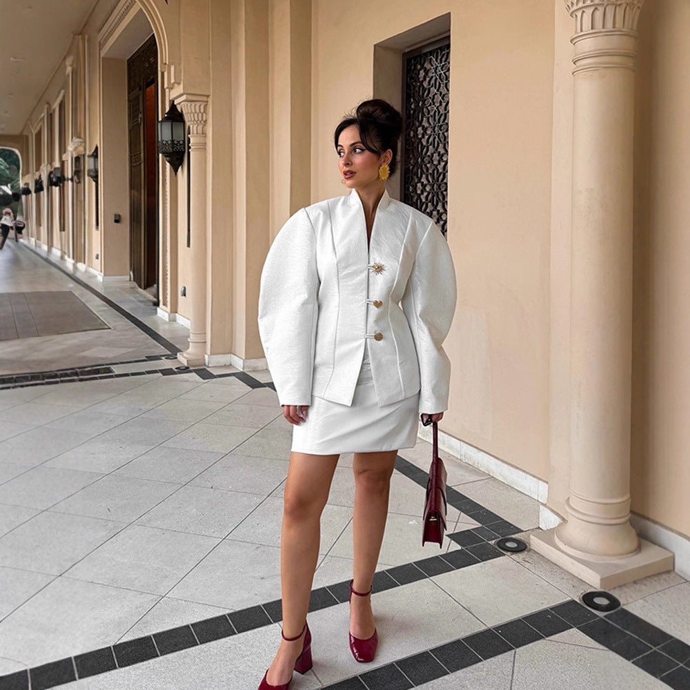 Women's Tailored Blazer Suit with Sculptural Balloon Sleeves and Mini Skirt EVA-US