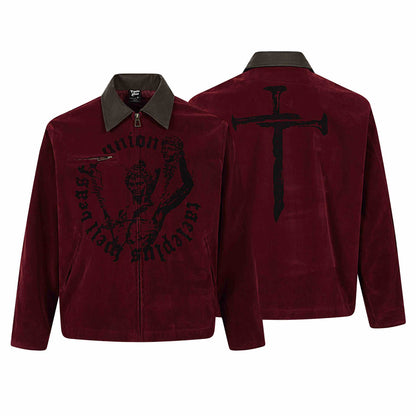 Men's velvet bomber jacket with contrast collar, front zipper and graphic print EVA-US