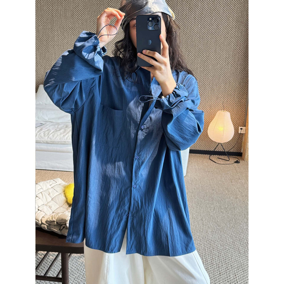Women Oversized Shirt Blouse with Crinkle Look and Elastic Sleeve Cuffs EVA-US