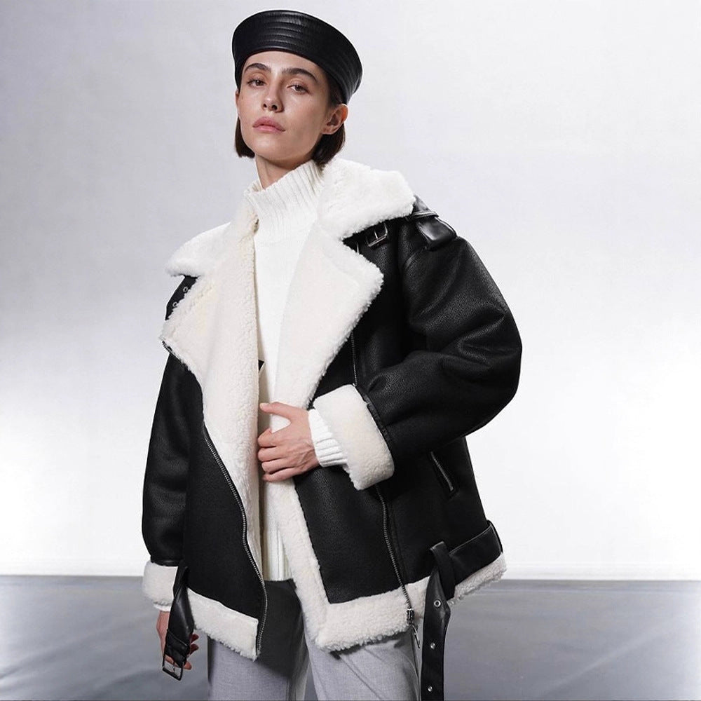 Women's Oversized Biker Jacket with Teddy Fur Lining and Adjustable Belts EVA-US