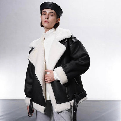 Women's Oversized Biker Jacket with Teddy Fur Lining and Adjustable Belts EVA-US