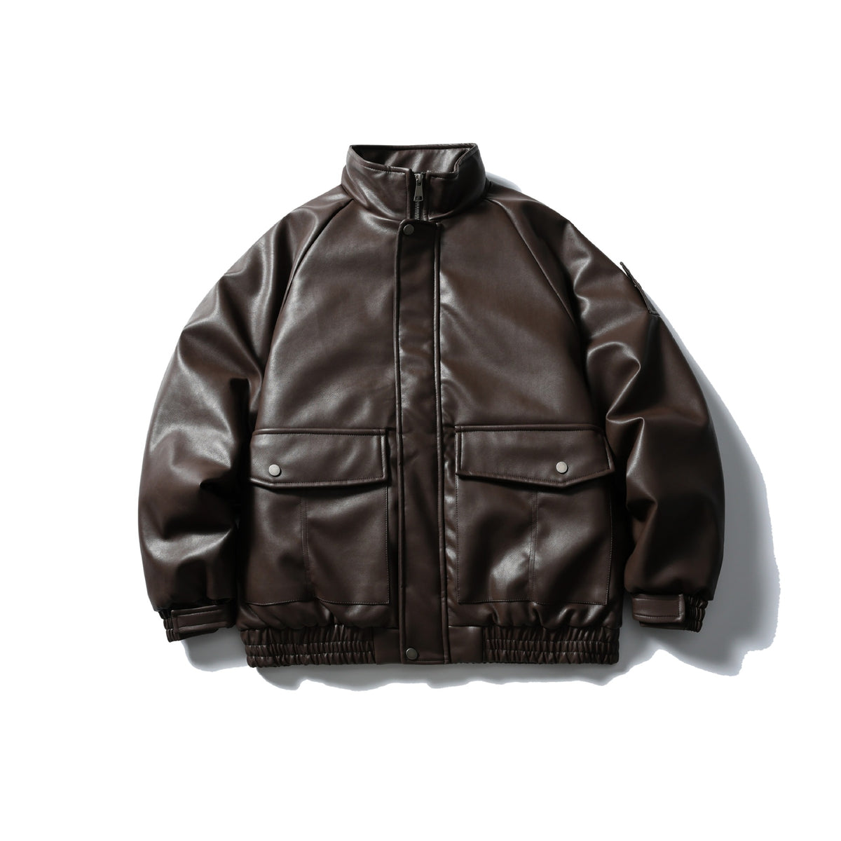 Men's Padded Faux Leather Bomber Jacket with High Stand-up Collar and Flap Pockets EVA-US