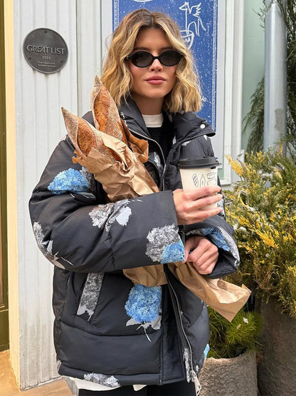 Women Padded Oversized Quilted Jacket with Floral Print and Hood EVA-US