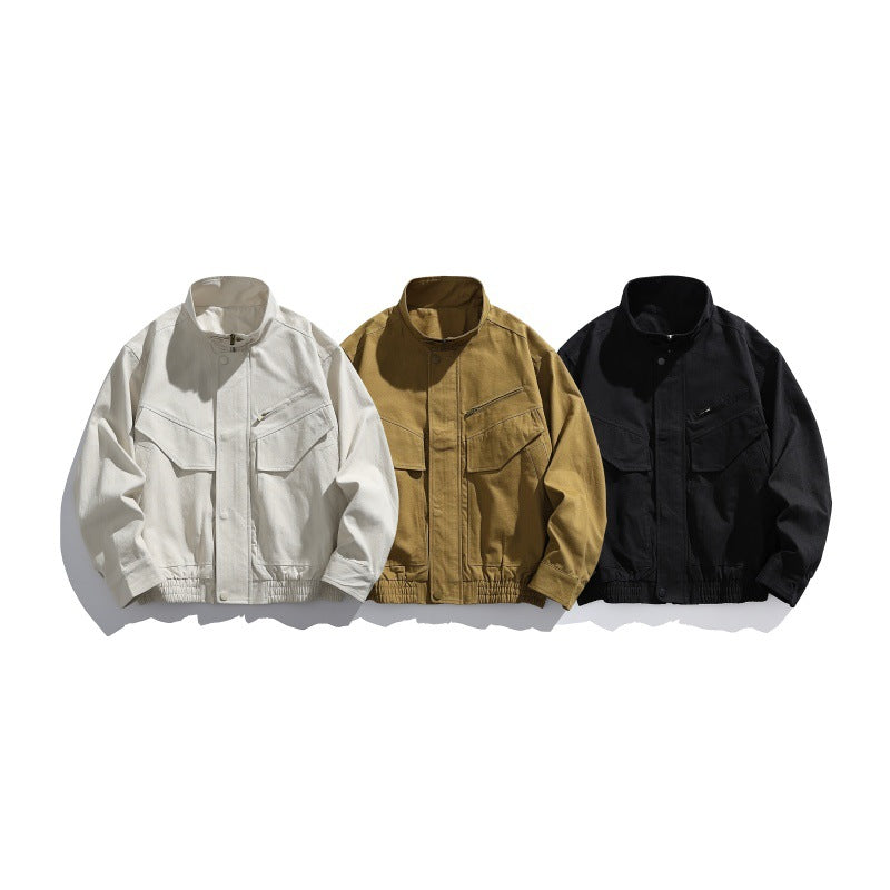 Men's Oversized Canvas Field Blouson with Utility Pockets and Stand-up Collar EVA-US