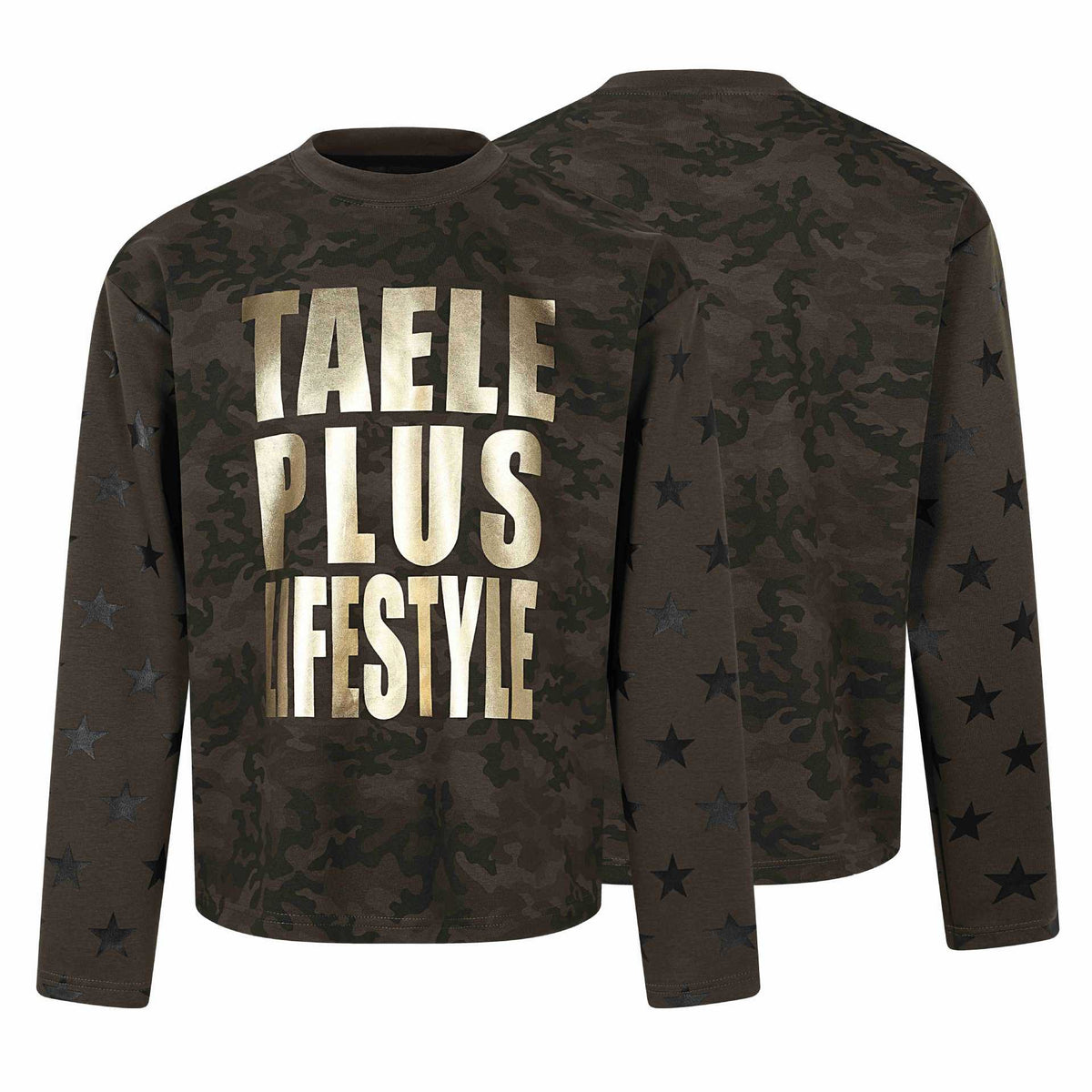 Unisex Oversize Sweatshirt with Camouflage Print, Star Sleeve Application and Large Metallic Print EVA-US