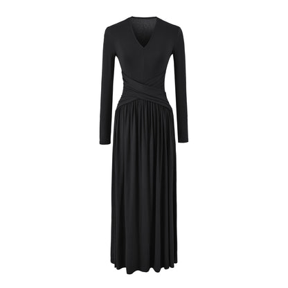 Women's V-Neck Maxi Wrap Dress Made of Jersey with Gathered Waist Section EVA-US