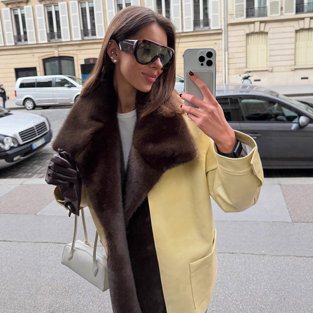 Women Elegant Oversize Coat made of Suede Look with Voluminous Faux Fur Shawl Collar EVA-US