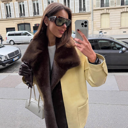 Women Elegant Oversize Coat made of Suede Look with Voluminous Faux Fur Shawl Collar EVA-US