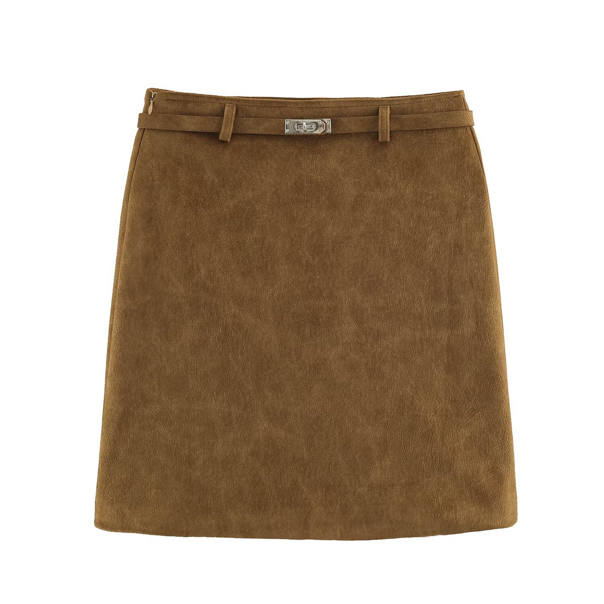 Women A-line mini skirt made of faux suede with narrow decorative belt EVA-US