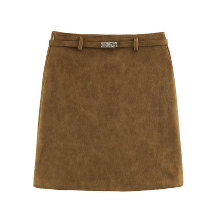 Women A-line mini skirt made of faux suede with narrow decorative belt EVA-US