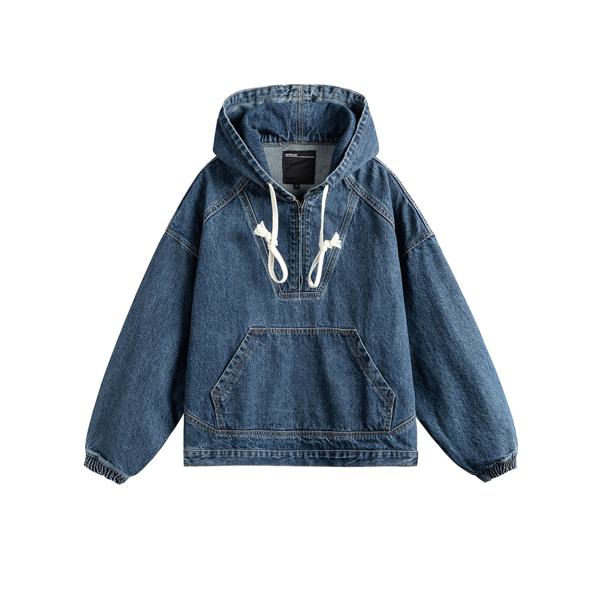 Unisex Oversize Denim Hoodie with Half Zip, Kangaroo Pocket and Drawstring EVA-US