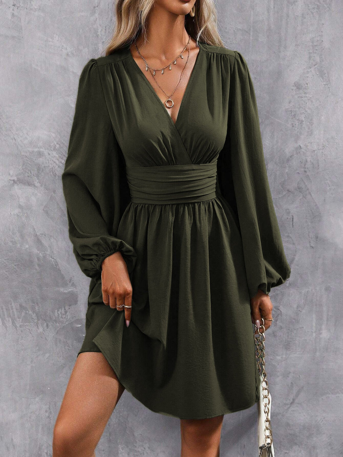 Women's wrap dress with a stylish V-neck and voluminous sleeves